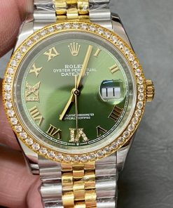 DATEJUST 31MM GOLD STEEL DIAMOND BEZEL GREEN DIAL